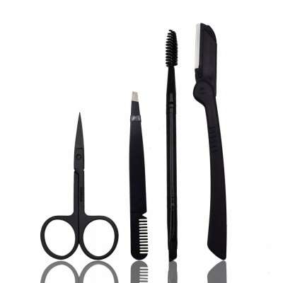 Private Label Men Black 4Pcs Eyebrow Hair Tweezer Razor Scissor Brush Kit Grooming Women False Lahes Extension Tweezers Gift Set