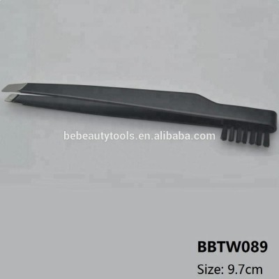 Cosmetic 9.7cm Stainless Steel Black Slanted Make-up Tools Eyebrow Hair Removal Tweezers with Brush Customized